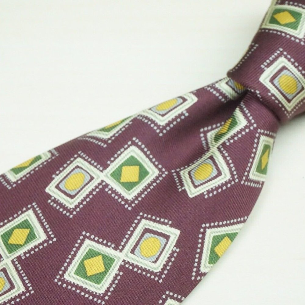 The Andover Shop Melot Red Line Green Banana Yellow Mauve Geometric Silk Tie